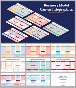 Slide deck showcasing multiple business model canvas designs in vibrant colors and structured categories.
