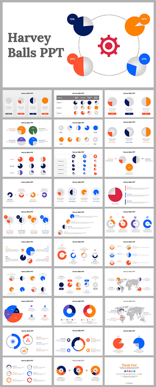 Collection of Harvey Balls infographic templates with percentage graphics in blue, orange, red, and gray across  layouts.
