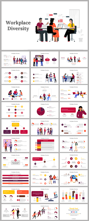 Workplace diversity slides with graphs, pie charts, and illustrations, highlighting the importance in colorful layouts.