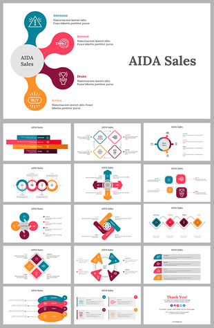 AIDA sales model slides, with circular and diamond shapes in red, blue, yellow and orange to illustrate the customer journey.