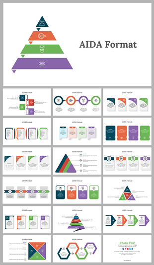 AIDA format infographic slides with colorful pyramid and triangular shapes and in different layout designs.