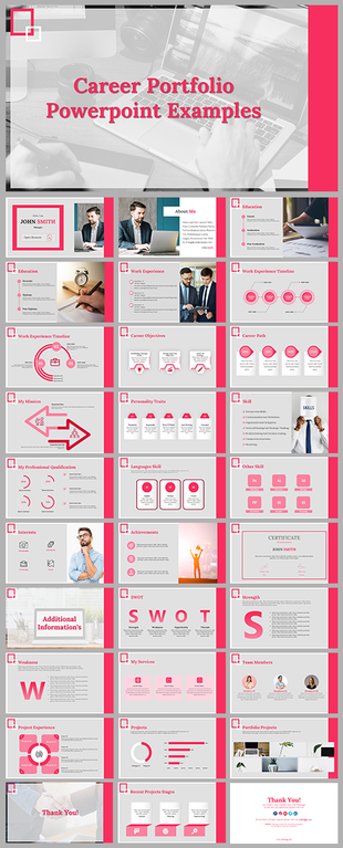 Slide deck featuring various layouts for education, work experience, skills, and achievements in pink and gray tones.