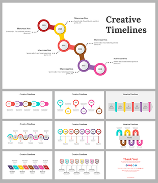 Slides featuring creative timelines utilizing round, square, and triangular shapes in various colors to represent milestones.