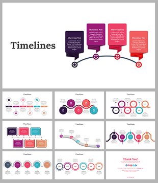 Timeline templates featuring linear and curved paths with labeled steps, icons, and speech bubble style elements.