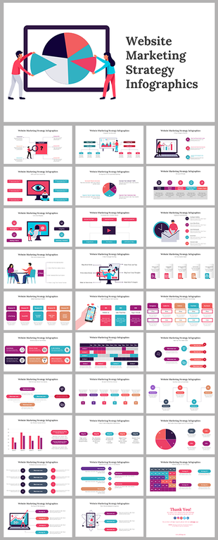 Collection of website marketing strategy slides featuring visual data and icons for different marketing phases.
