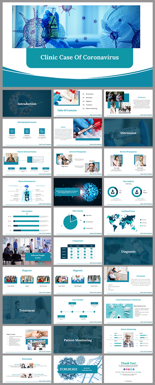Colorful coronavirus clinical case with various slides, including patient history, symptoms, diagnosis, and treatment plans.