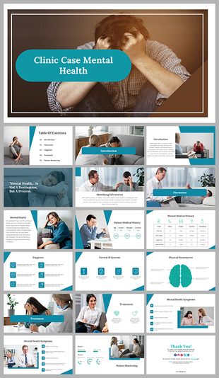 Clinical mental health template set featuring consultation images, symptom icons, charts, and treatment process visuals.