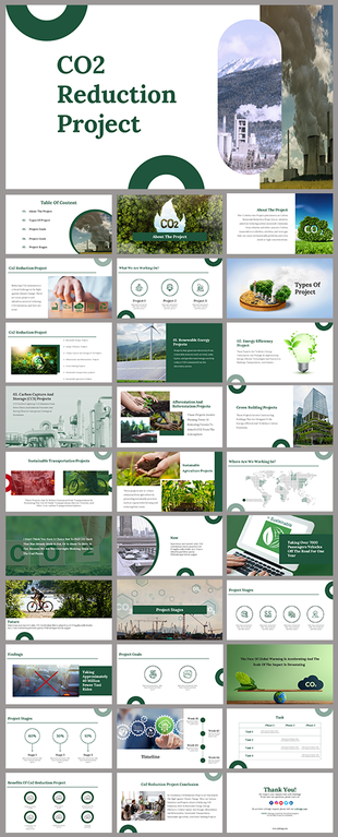 CO2 reduction project slides detailing project goals, types, and sustainability strategies with various layout designs.