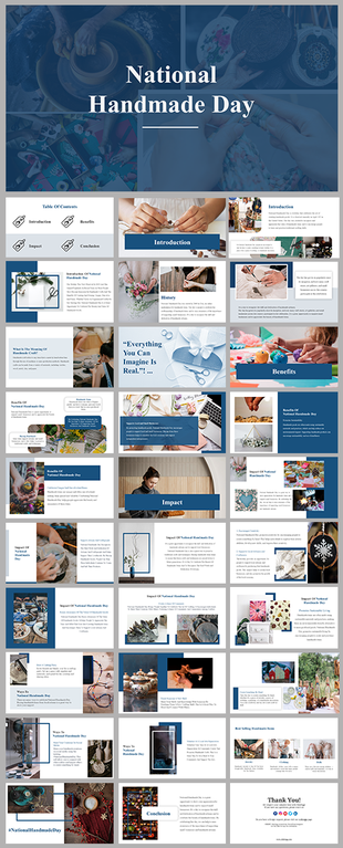 National handmade day slide deck featuring handcrafted item images, and text layouts, in blue color scheme.