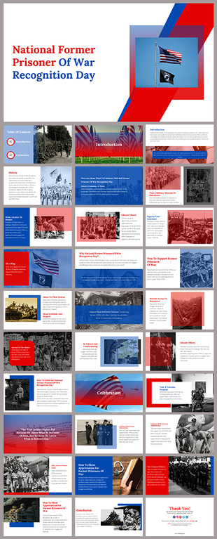 Red, white, and blue themed slide deck with photos, text sections, and layouts honoring former prisoner of war day.