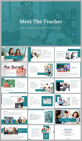 Meet The Teacher slides with engaging visuals, introductions, and teaching process information with many images.