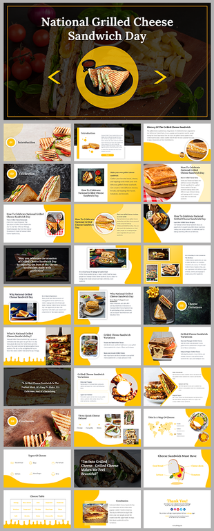 National Grilled Cheese Sandwich day features slides on the history, celebration ideas, and variations of sandwiches.
