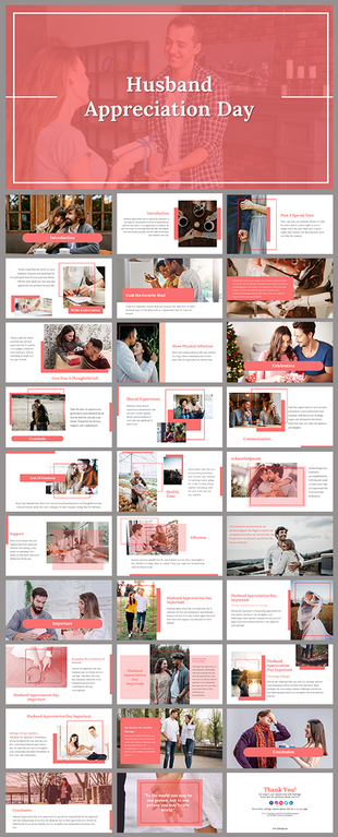 Husband appreciation day slidedeck with a red-tinted background of a couple sharing a gift, framed by white borders.