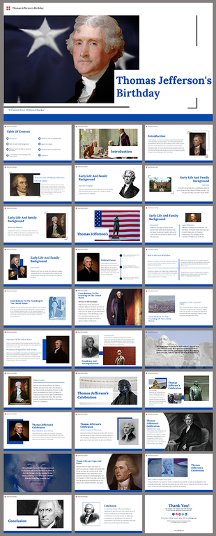 Slide deck on Thomas Jefferson, with blue accents and images covering his biography, presidency, and achievements.