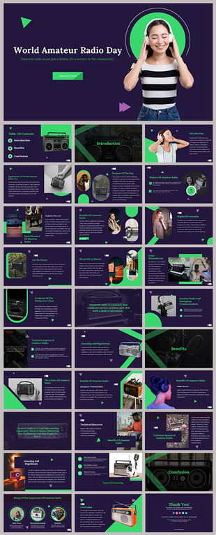 World amateur radio day slide deck with a modern design, presenting detailed sections on radio’s history.