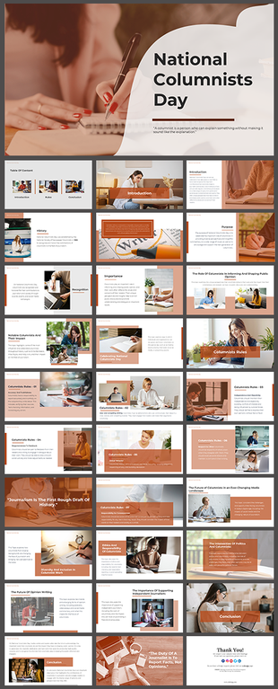 National Columnists Day with brown orange theme, image placeholders of writers, and slide sections like rules and roles.