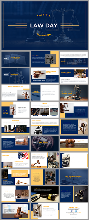 Law day slide deck showcasing legal symbols and informative sections on celebrating law with a modern blue and gold design.