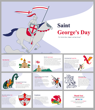 Slide deck with Saint George riding a horse in red and white color theme, and images of dragons and shields.