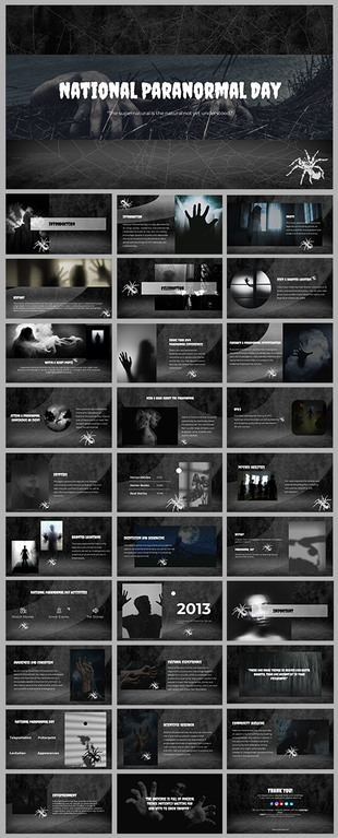 Dark themed slide deck with eerie images of shadows, hands, and paranormal figures, alongside text.