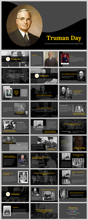 Slide deck with a cover portrait of Truman and slides highlighting his presidency, milestones, and historical significance.