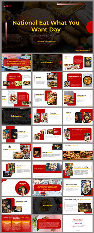 National Eat What You Want Day slide deck with food imagery, red-yellow theme, and placeholder text areas.