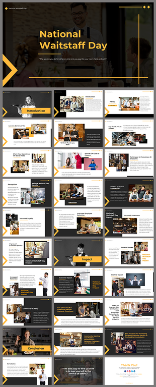 National Waitstaff Day presentation slides about history, recognition, and celebrating the impact of the waitstaff.
