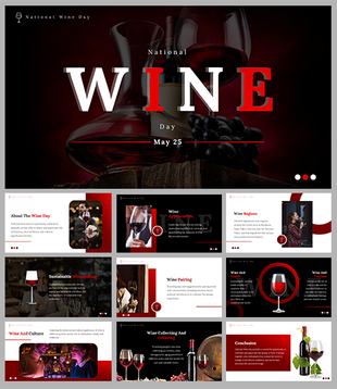 Slide deck for national wine day showcasing wine culture, sustainable winemaking, and wine tasting.