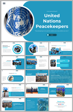 A pack of international day of united nations peacekeepers slides featuring various topics and text on a blue theme.