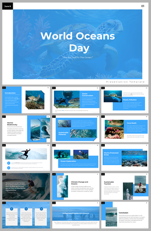 World Oceans Day PPT featuring slides on ocean conservation, plastic pollution, marine biodiversity, and sustainable tourism.