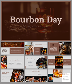 Slide deck of close-up of bourbon-filled glasses with ice, next to a quote and a  explanation of Bourbon day festivities.
