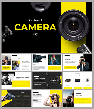 National Camera day slides with various camera models, photography tips, and sections on types of cameras and their features.