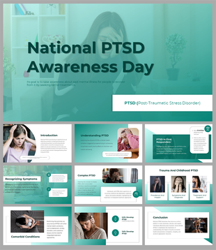 A stressed woman with the title national PTSD awareness day slide deck overlaid and a brief explanation about PTSD.