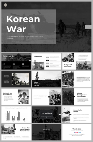 Monochrome slide deck on the Korean war with timeline, background, causes, and military strategies sections.