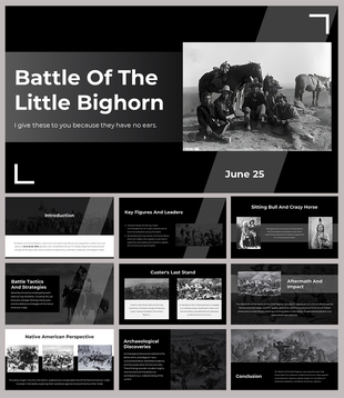Battle of the little bighorn slides detailing the historical event with many sections highlighted by historical images.