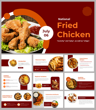 Slide deck showing the origins, recipes, and events related to fried chicken with maroon and orange accents.