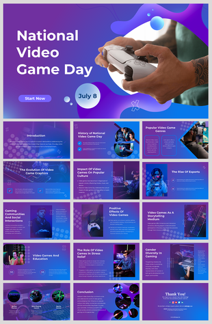 National Video Game Day slides detailing the evolution of graphics, popular genres, and the rise of esports and gaming.