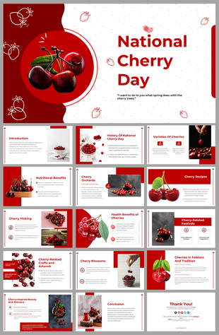 Red and white themed slide deck with images of cherries, highlighting the history, varieties, and health benefits.