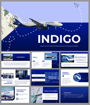 Slide deck showcasing Indigo airlines, with a blue and white theme, highlighting its fleet, services, and performance.