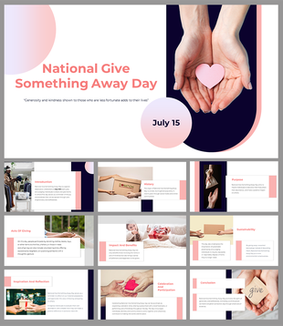 Slide deck promoting giving and donation, with visuals of hands, gifts, and community activities, emphasizing social impact.