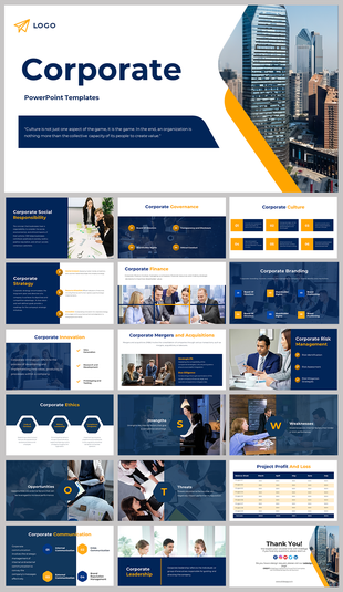 Corporate slide deck with blue and orange elements, including sections on branding, culture, and leadership.