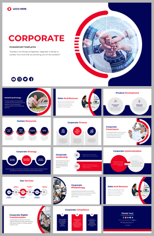 Corporate PowerPoint featuring a cohesive design with slides for marketing, finance, leadership, compliance, and services.