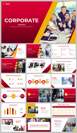 Modern corporate slide deck design with red and yellow elements, covering mission, portfolio, market presence, and financial performance.