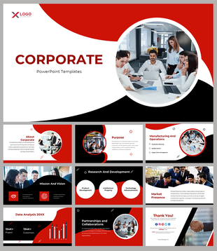Corporate slide deck with red, black, and white theme, featuring team visuals, charts, and business content.