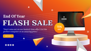 End of Year Flash Sale banner with a computer display on a podium and a 75% off badge against a gradient background.