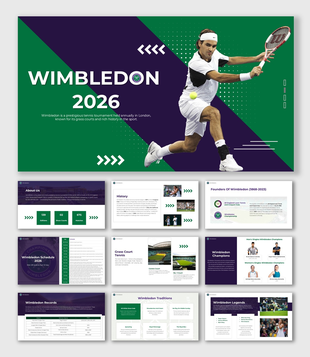 Wimbledon 2026 presentation with tennis player, green-purple theme, schedules, records, images, and editable layouts.