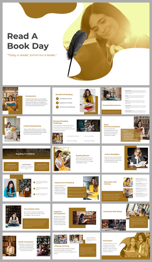 Read A Book Day slides featuring the benefits of reading, including knowledge, imagination, creativity, and personal growth.