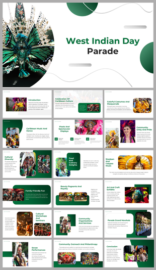 A PowerPoint slides featuring vibrant images of Caribbean culture for a West Indian Day Parade presentation.
