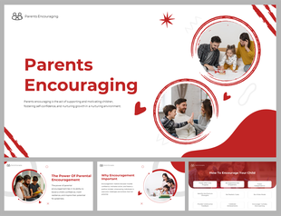 Pack of slides with a white and red color scheme, featuring circular images of parents engaging with their children.
