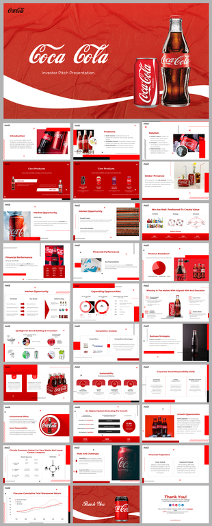 Coca Cola themed slide pack with various classic bottle image, charts, and graphs in red and white accents.