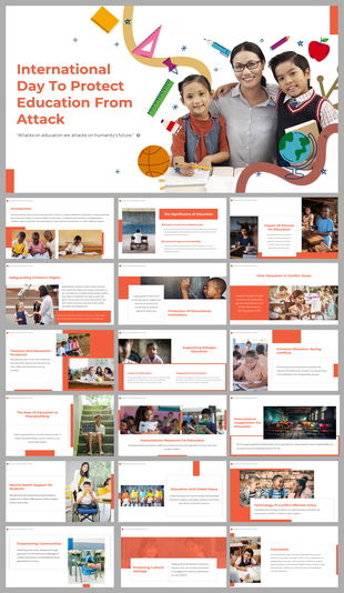 Slide deck on protecting education with white and orange backgrounds, featuring images of children and education themes.